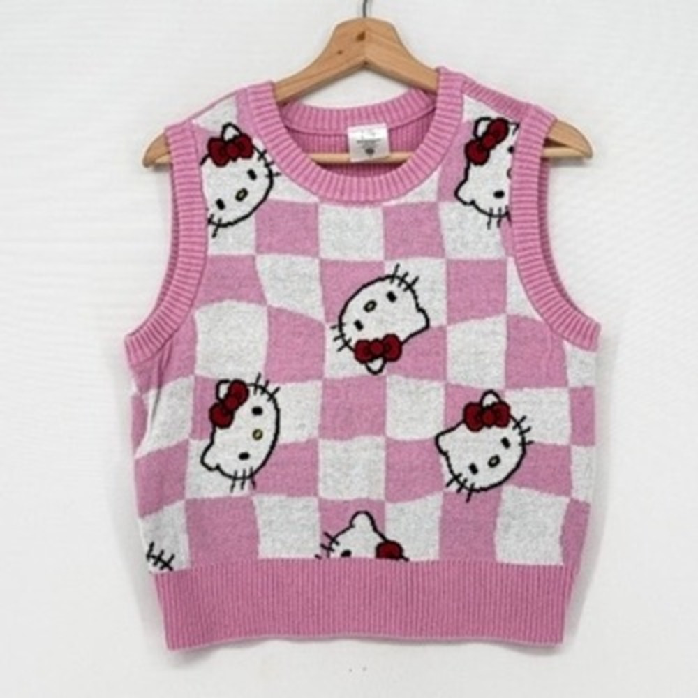 Hello Kitty Sweater Vest Women Medium Pink Checkered Knit Sanrio Kawaii Intarsia